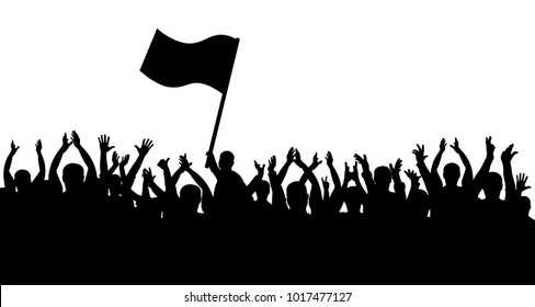 Crowd of people silhouette. Sports fans. People cheerful. Man with flag