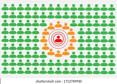 Menschenmenge mit Silhouette-Symbolen-Konzept mit Covid-19-Kontaktsystem mit Rot-, Orange- und Grünalarmwarnsystem - Soziale Distanzierung