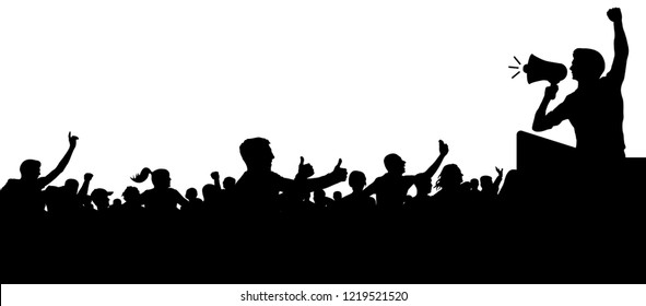 Crowd of people silhouette vector. Anonymous heads. Speaker, loudspeaker, orator, spokesman. Applause of a cheerful people mob. Sports fans. Demonstration, protest. Meeting of people