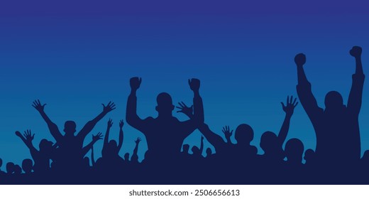 Multitud de personas silueta Vector. Fondo oscuro. Fiesta, concierto, festival de música, baile, diversión, disco, concierto, deportes. Alegre juventud. Anima a la audiencia.