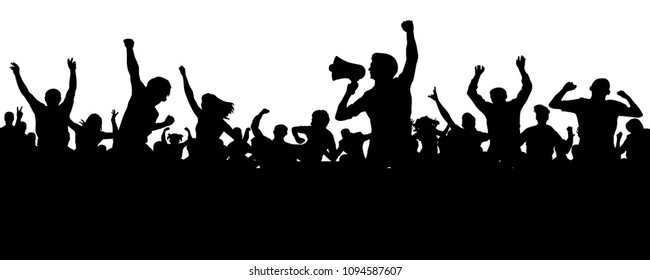 Crowd of people silhouette vector. Speaker, loudspeaker, orator, spokesman. Applause of a cheerful people mob. Sports fans. Demonstration, protest