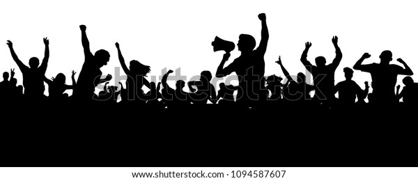 人の群れのシルエットのベクター画像 スピーカー スピーカー 演説者 スポークスマン 明るい人々の群衆の拍手 スポーツファン デモ 抗議 のベクター画像素材 ロイヤリティフリー