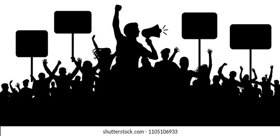Crowd of people silhouette vector. Transparent, protest slogans. Speaker, loudspeaker, orator, spokesman. Applause of a cheerful people mob. Sports fans. Demonstration banner. Meeting of people