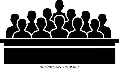Crowd of people silhouettes at a bench icon representing a jury audience or committee for legal trials public meetings and collective decision making groups