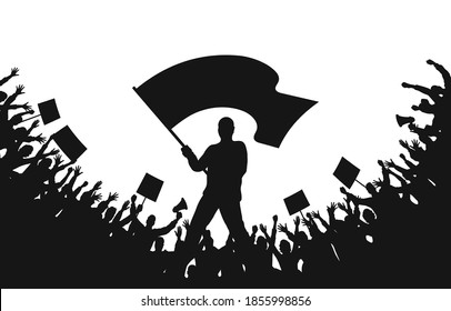 Crowd of people silhouettes. Man with flag and crowd of protesters with raised hands, banners, megaphone. Demonstration, strike and revolution. Political protest and struggle for human rights. Vector - Shutterstock ID 1855998856