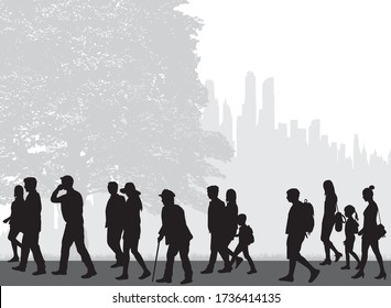 Crowd of people silhouettes walking