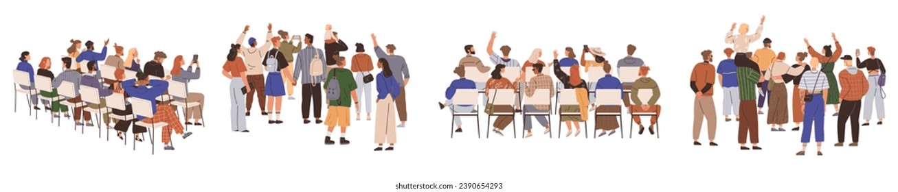 Crowd of people sitting and standing in audience. Rear view of academic auditorium, fan audience, people crowd. Set of spectators backs. Backside of people characters. Men women on concert or festival