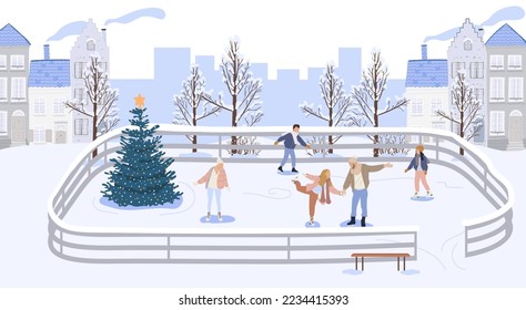 Crowd of people skating at winter ice rink. Сity outdoor winter activity on vacation. Man and woman having fun. Urban landscape. Vector illustration in flat style