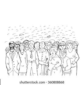 Una multitud de personas, esbozan la ilustración de un objeto vectorial o dibujado a mano por un lápiz negro sobre un fondo blanco