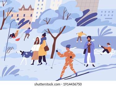 Crowd of people skiing, skating, sledding and walking in city park in winter. Landscape with ice rink and trees in snow in cold freezing weather. Colored flat cartoon vector illustration