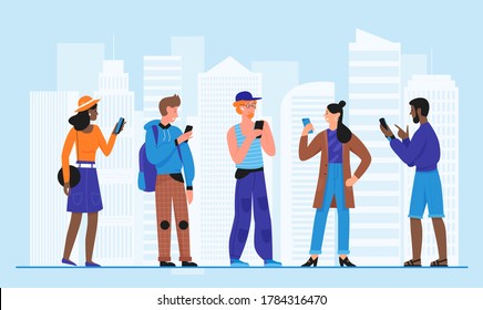 Crowd people with smartphones vector illustration. Cartoon flat man woman young characters standing in city street, holding mobile phone in hand, using cellphone in modern urban cityscape background