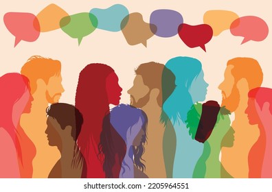 A crowd of people speaking and vector cartoon characters. People communicating between each other. A discussion group of diverse individuals.