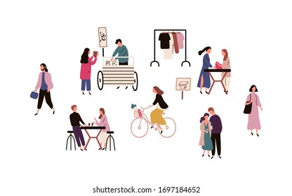 Crowd of people spending time at street market. Men, women and couples walking, drinking beverages, riding bicycle, buying clothes and accesories at fair. Vector illustration in flat cartoon style