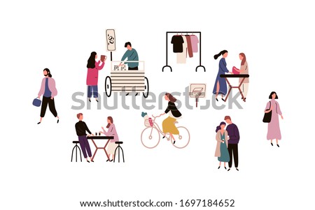 Crowd of people spending time at street market. Men, women and couples walking, drinking beverages, riding bicycle, buying clothes and accesories at fair. Vector illustration in flat cartoon style