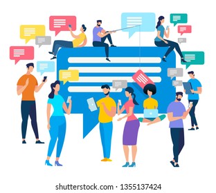 Crowd of People Stand with Smartphones Chatting and Texting with Friends. Communicating People on Huge Speech Bubble Background. Young Men and Women Using Gadgets. Cartoon Flat Vector Illustration.