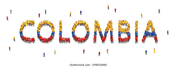 A crowd of people are standing in blue, yellow and red robes, making up the word Colombia. Colombia flag made from people. Vector illustration isolated on white background.