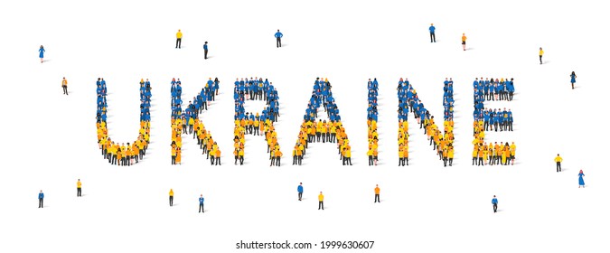 A crowd of people are standing in blue and yellow robes, making up the word Ukraine. Ukraine flag made of people. Vector illustration isolated on white background.