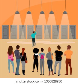 a crowd of people standing in front of the door. people make choices