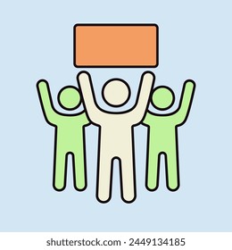 Crowd of people standing and holding in raised hands sign, banner, card vector isolated icon. Demonstration, protest, strike, revolution