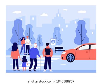 Crowd of people standing on zebra crossing. Car, pedestrian, city flat vector illustration. Traffic and urban lifestyle concept for banner, website design or landing web page