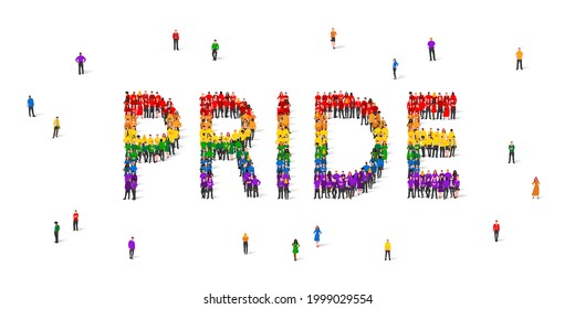 Una multitud de personas están parados con túnicas de color arcoiris, haciendo la palabra Orgullo. Bandera LGBT hecha de personas. Ilustración vectorial aislada en fondo blanco.