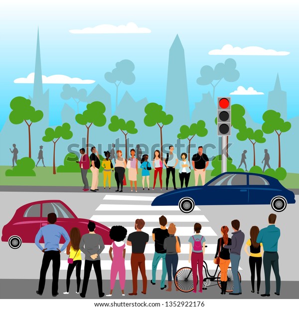 a crowd of people standing at\
a traffic light. vector landscape of the city on the\
background