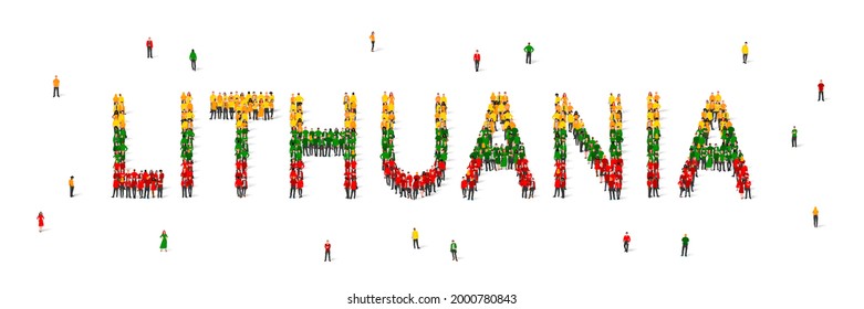 Una multitud de personas están de pie con túnicas amarillas, verdes y rojas, que forman la palabra Lituania. Bandera de Lituania hecha de gente. Ilustración vectorial aislada en fondo blanco.