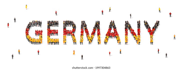 Eine Menschenmenge steht in schwarzen, roten und gelben Roben und macht das Wort Deutschland aus. Deutschland Flagge aus Menschen gemacht. Vektorgrafik einzeln auf weißem Hintergrund.