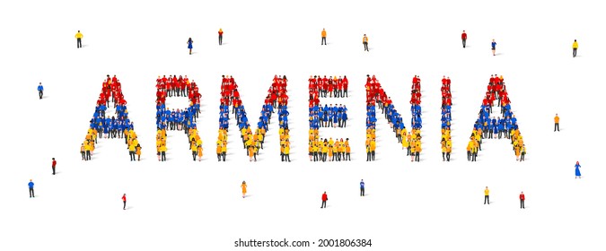 A crowd of people stands in blue, yellow and red robes, making up the word Armenia. Flag of Armenia made of people. Vector illustration isolated on white background.