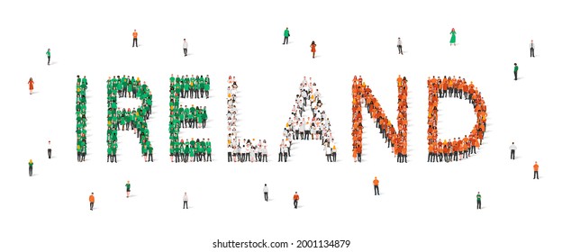 A crowd of people stands in green, white and orange robes, making up the word Ireland. Ireland flag made from people. Vector illustration isolated on white background.