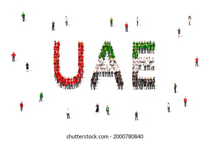 Una multitud de personas con ropas rojas, verdes, blancas y negras, componen la palabra Emiratos Árabes Unidos. Bandera de los EAU hecha de gente. Ilustración vectorial aislada en fondo blanco.