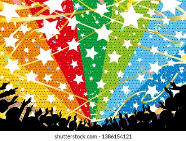 crowd of people and stars flying ribbons