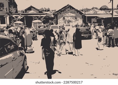 Crowd of people at the street market. Black and white illustration.