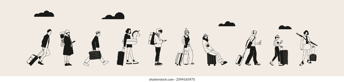 Crowd of people with suitcases are going on vacation. Trendy vector illustration.