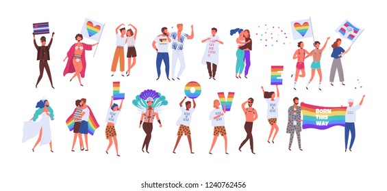 Crowd of people taking part in pride parade. Men and women at street demonstration for LGBT rights. Group of gay, lesbian, bisexual, transgender activists. Colorful vector illustration in flat style.