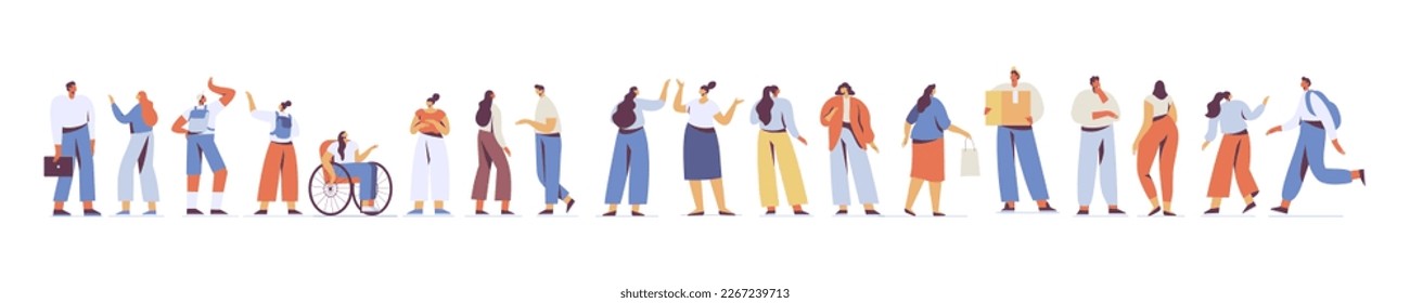 Eine Menschenmenge. Menschen sprechen flache Silhouette Vektorgrafik horizontalen Banner