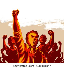 Crowd of People with their hands and fist raised in the air vector illustration. Revolution political protest activism patriotism. - Shutterstock ID 1284838147