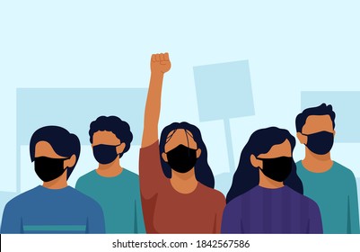 Crowd Of People With Their Hands And Fist Raised In The Air Vector Illustration. Revolution Political Protest Activism Patriotism