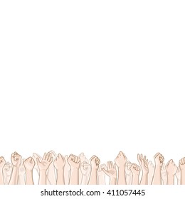 Crowd of people with their hands up. Template of square banner with white space for text. Vector hand drawn frame with people's raised hands. Seamless border