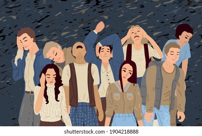 Crowd of people tired and stressed, psychological and mental personality disorders, depression and blues. Isolated people in pattern background. Men and women in different poses