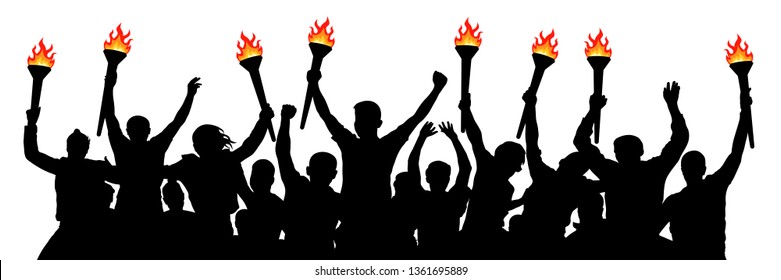 Crowd of people with torches. Isolated vector silhouette