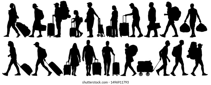 Crowd of people tourists. People with suitcases bags and backpacks. Migration of people. Vector silhouette isolated set