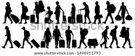 Crowd of people tourists. People with suitcases bags and backpacks. Migration of people. Vector silhouette isolated set