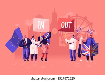 Crowd of People with Traditional Britain and European Union Flags Separated in Brexit and Anti Brexit Supporters in Demonstration. United Kingdom Politics Concept. Cartoon Flat Vector Illustration