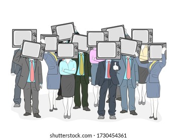 crowd of people with tvs on their heads. the impact of mass information on people. zombies. people who do not have their own point of view. vector illustration.