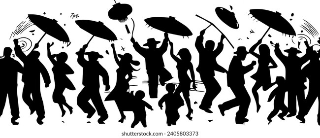 Crowd of people with umbrellas silhouettes. Vector illustration. Silhouette of Happy Chinese New Year.