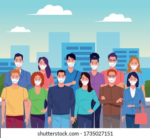 crowd of people using face mask for corona virus on the city vector illustration design