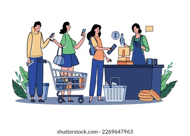 Crowd Of People Using Gadgets Waiting In Line At Checkout In A Supermarket