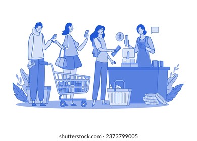 Crowd Of People Using Gadgets Waiting In Line At Checkout In A Supermarket