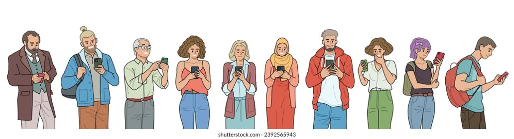 A crowd of people using, holding mobile phone in hands. Surfs the Internet in smartphone, communicates in chat, writes in messenger, views photos and videos. Vector characters isolated on white.